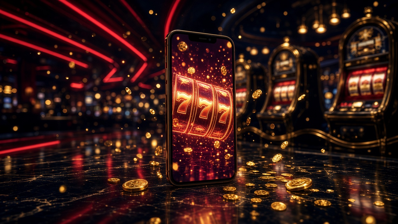 Aplikacja Brionis Casino: telefon ze slotem na tle czerwonego neonu