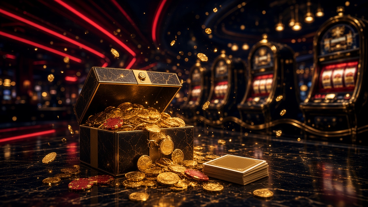 Bonus Brionis Casino: złote monety, żetony i otwarte pudełko na czarnym marmurze